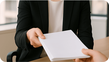 A person handing a note over to someone off camera